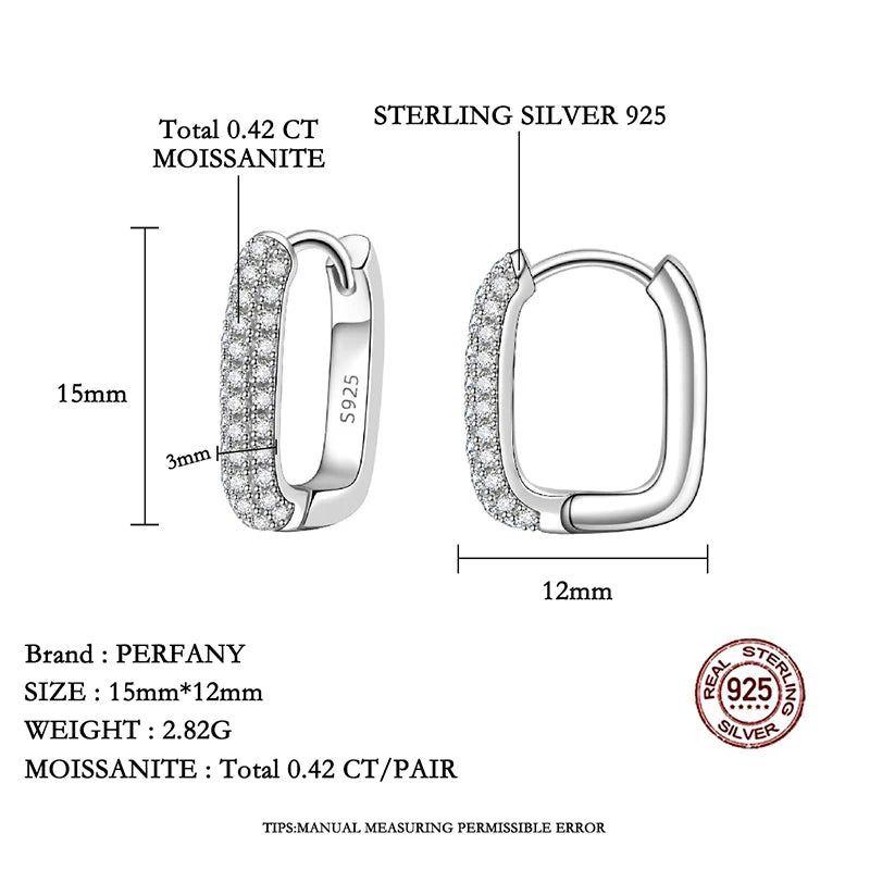 PERFANY 0.42CT All Moissanite Hoop Earrings Women's 100% Pure Silver Laboratory Diamond Square Earrings Fashion Wedding Jewelry