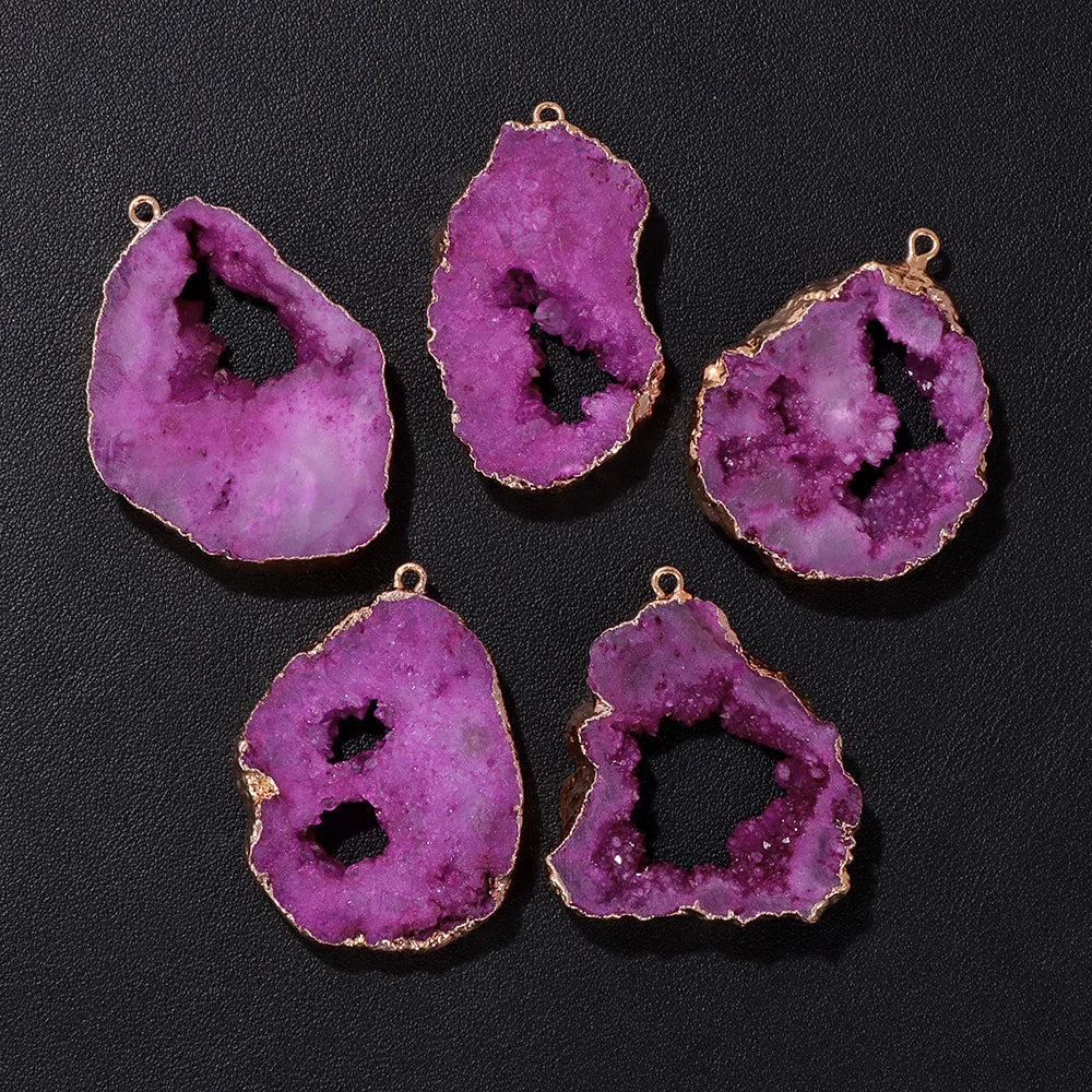 1 PCS Colorful Natural Quartz Geode Pendant Irregular Shape Gold Color Plated Agat Slice Charm Pendants For Jewelry Necklace DIY