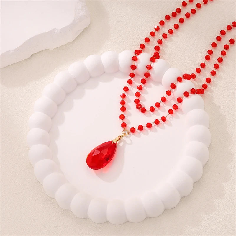 Gothic Halloween Black Bat Teardrop Pendant Necklace for Women Vintage Double Layer Blood Drop Tassel Choker Girls Party Jewelry