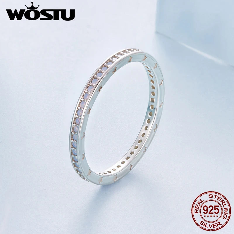 WOSTU 925 Sterling Silver Simple White Opal Black Onyx Band Rings For Women, Everyday Wear Full Stone Rings Party Gift for her