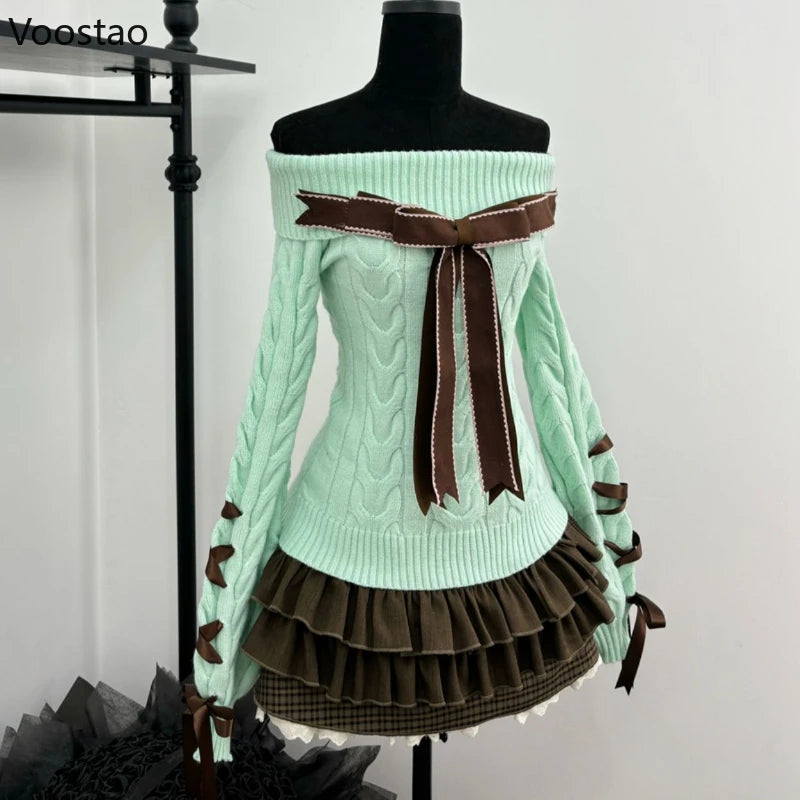 Autumn Winter Sweet Lolita Style 2 Piece Set Women Kawaii Slash Neck Bow Knitted Sweater Mini Cake Skirt Suit Femme Y2k Outfits