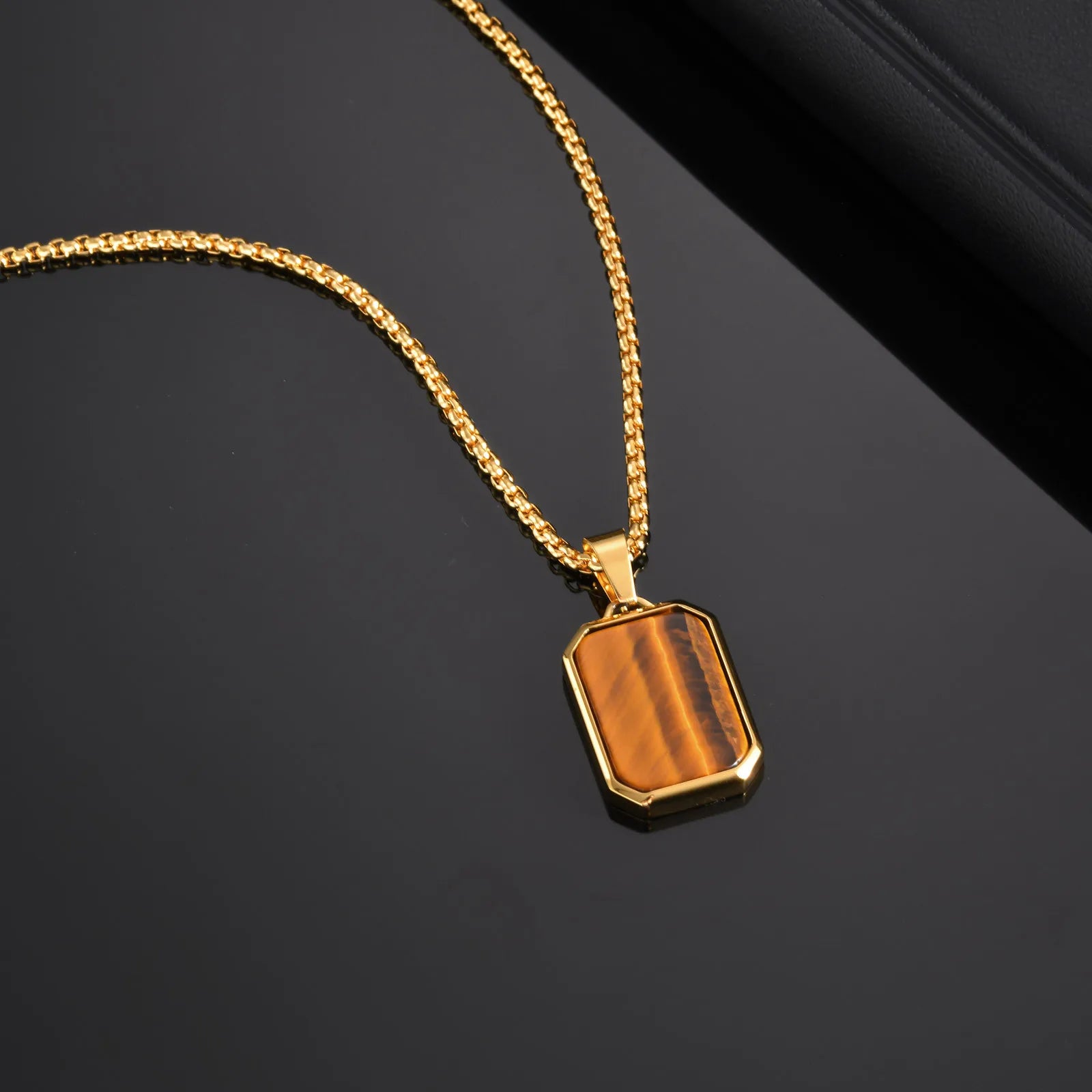 Vnox Mens Geometric Pendant with Natural Stone Necklaces, Vintage Square Tiger Eye Collar, Casual Simple Fashion Male Accessory
