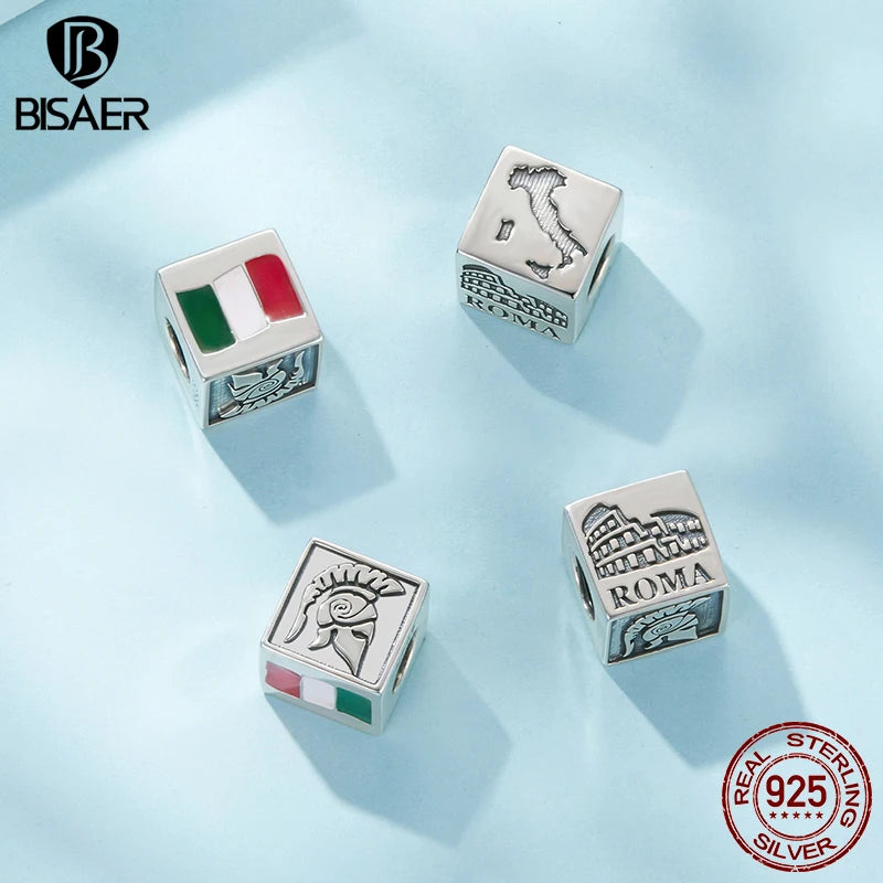 BISAER 925 Sterling Silver Souvenir Charm Italy American Poland France Memorial Symbol Bead for DIY Bracelet Fine Jewelry Gift