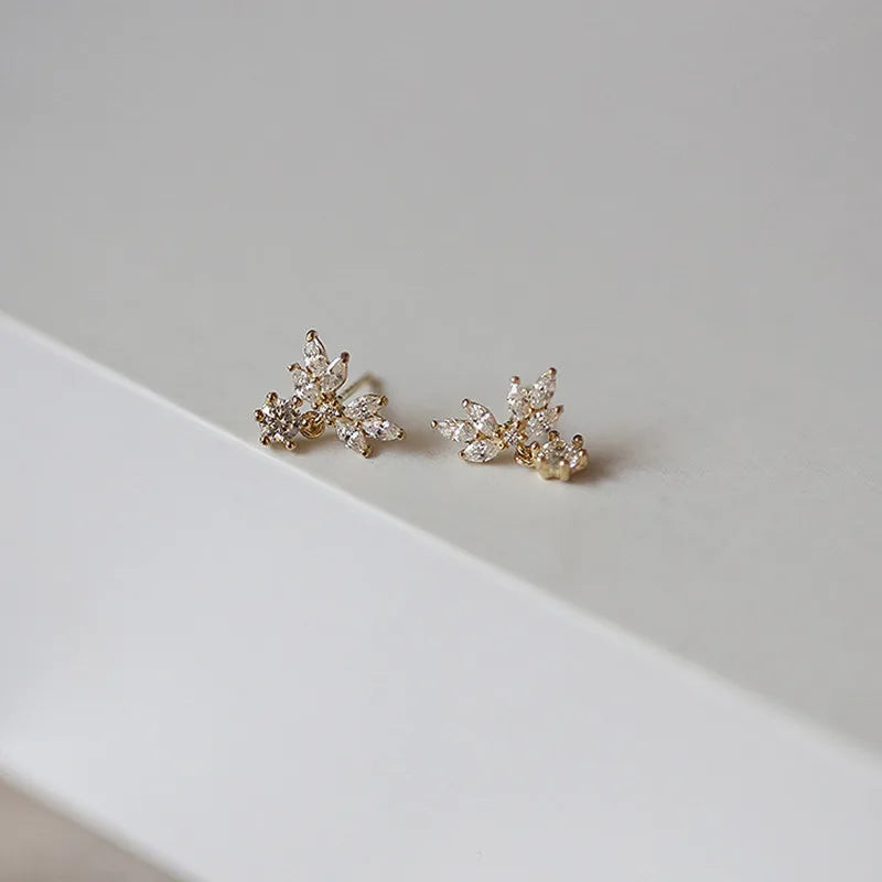 925 Sterling Silver Sparkling Water Drop Zircon Petal Wing Stud Earrings for Women Exquisite Jewelry Gifts