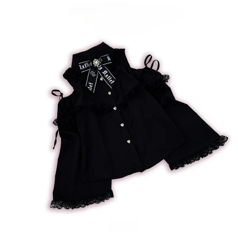 Japanese Gothic Lolita Shirts Women Vintage Kawaii Lace Ruffles Off Shoulder Long Sleeve Blouses Y2k Aesthetic Sweet Tops Blusas