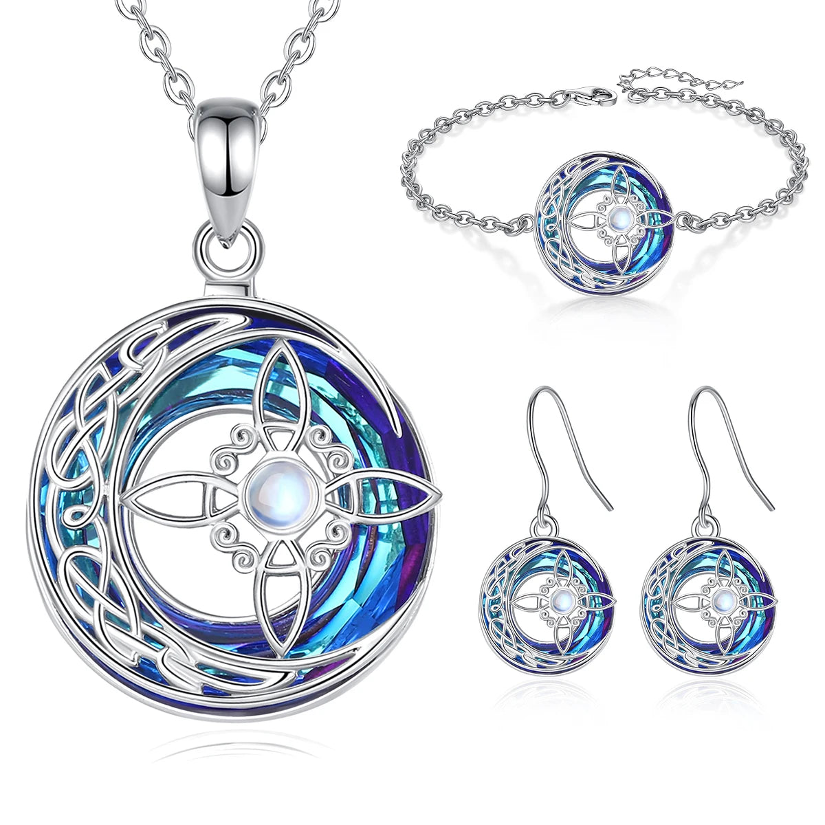 Eudora 925 Sterling Silver Witches Knot Adjustable Ring & Necklace & Bracelet Austrian Crystal Wicca Amulet Jewelry Set Gift