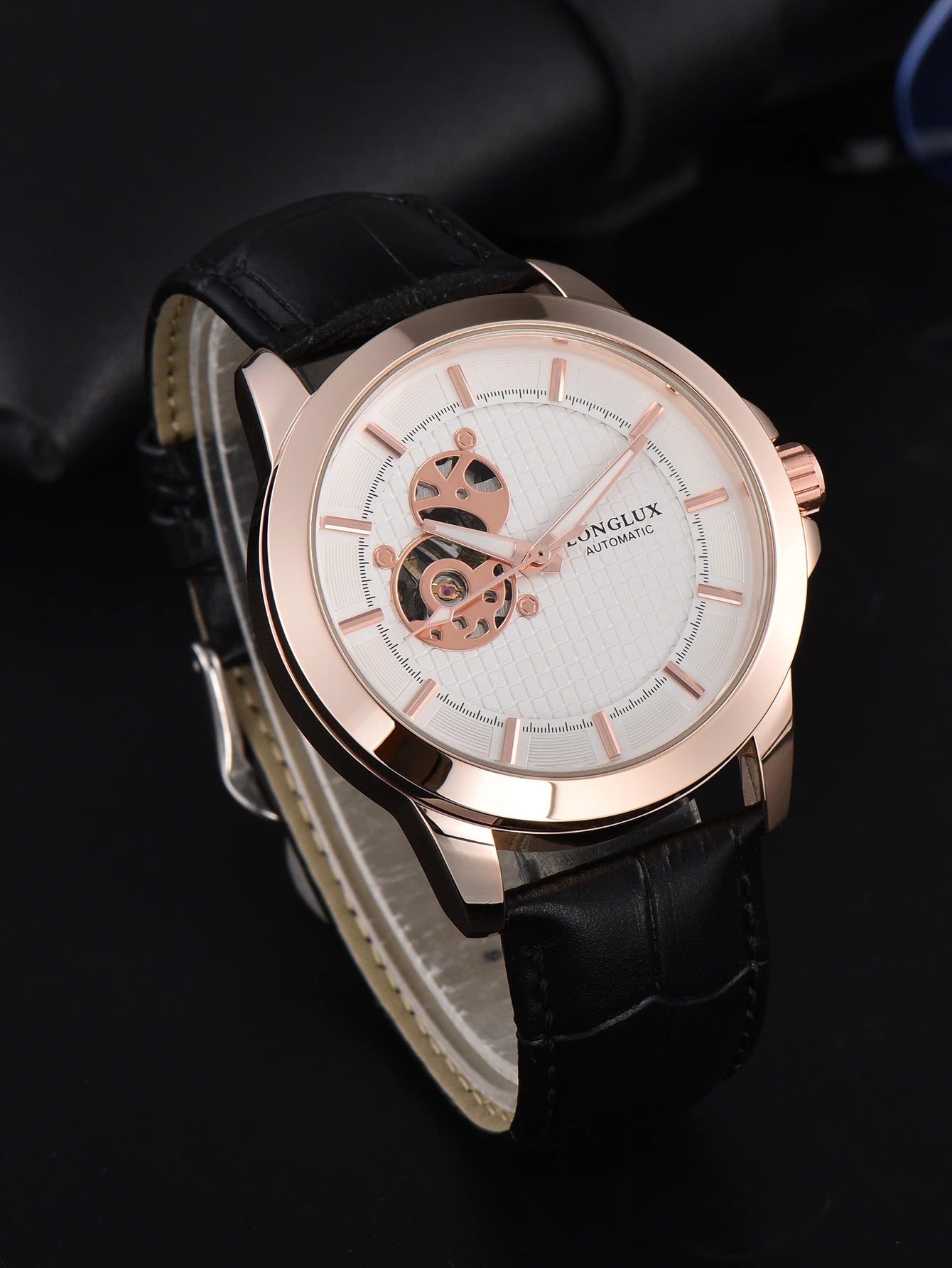 LONGLUX automatic watch Luxury elegant retro skeleton waterproof mechanical watches rose gold leather mens watch gift for you
