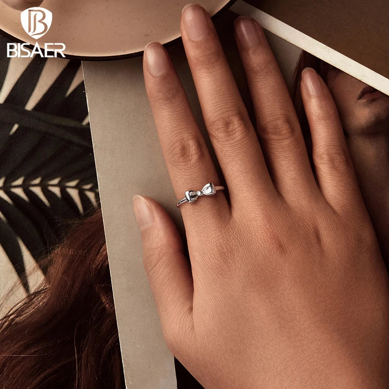 BISAER 925 Sterling Silver Bow-knot Open Ring Adjustable  Bow-knot Band Plated White Gold for Women Party Original Fine Jewelry