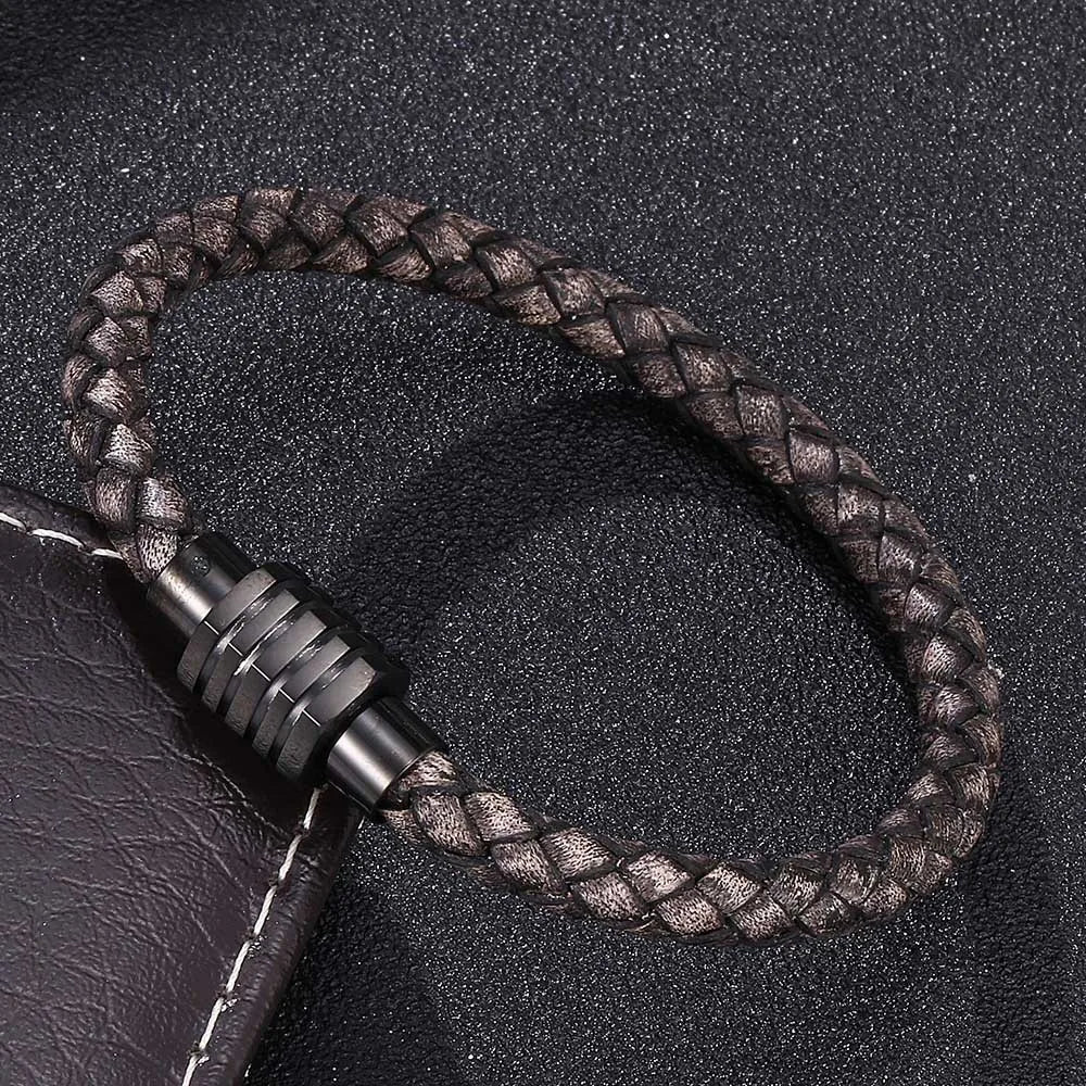 MKENDN Fashion Punk Men Jewelry Black Braided Leather Bracelet Stainless Steel Magnetic Clasp Fashion Bangles Gift