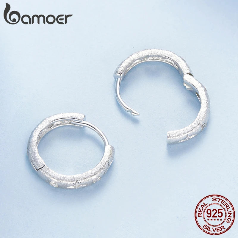 BAMOER White Gold Starry Round Hoop Earrings for Women Real 925 Sterling Silver Huggie Earrings Fashion Fine Jewelry BSE1114