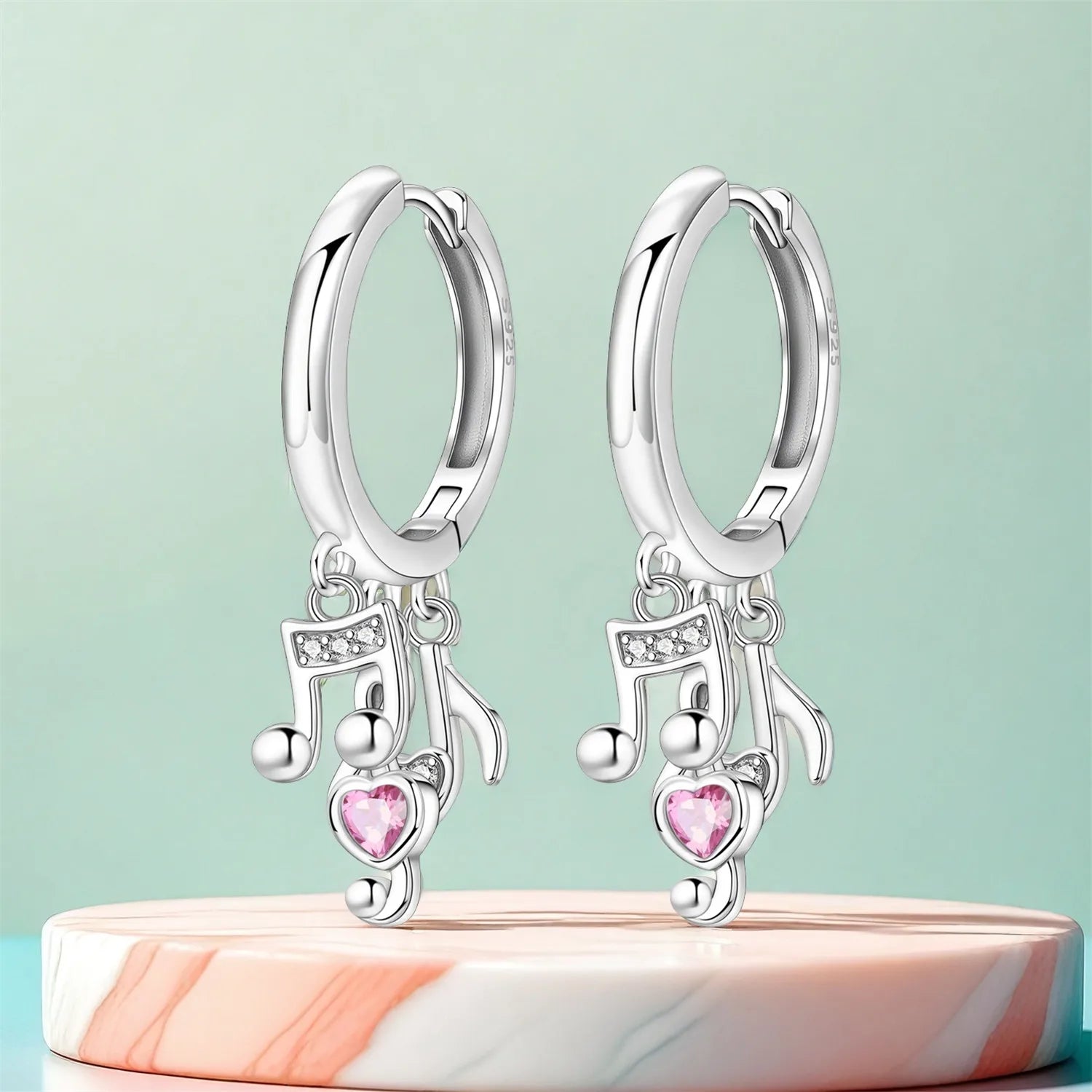 PANPOKI 925 Sterling Silver Pink Heart Musical Note Drop Earrings Women Earrings Charm Fashion Versatile Party Jewelry Gifts