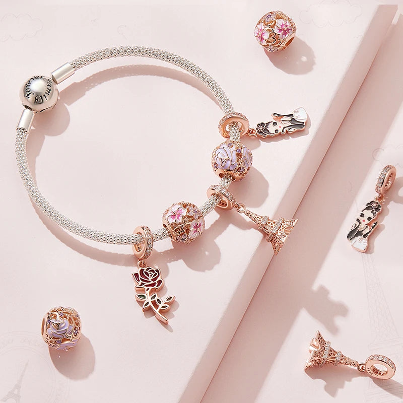 BISAER 100% 925 Argent Sterling Arbre de Vie Charm Perle Rose Entretoise Plaqué Or Rose Pendentif Fit Femmes Bracelet DIY Bijoux Fins