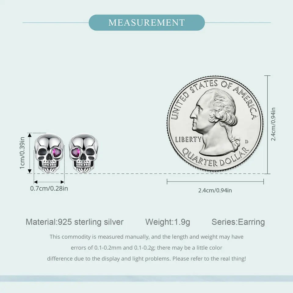 WOSTU Real 925 Sterling Silver Vintage Skull Stud Earrings For Women Rose red Heart Zircon Studs Earring Punk Jewelry Party Gift