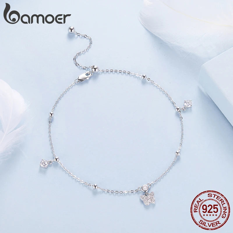 BAMOER 925 Sterling Silber Schmetterlings-Fußkettchen mit Zirkonia-Besatz und Perlen für Damen und Mädchen, leichter Fußschmuck
