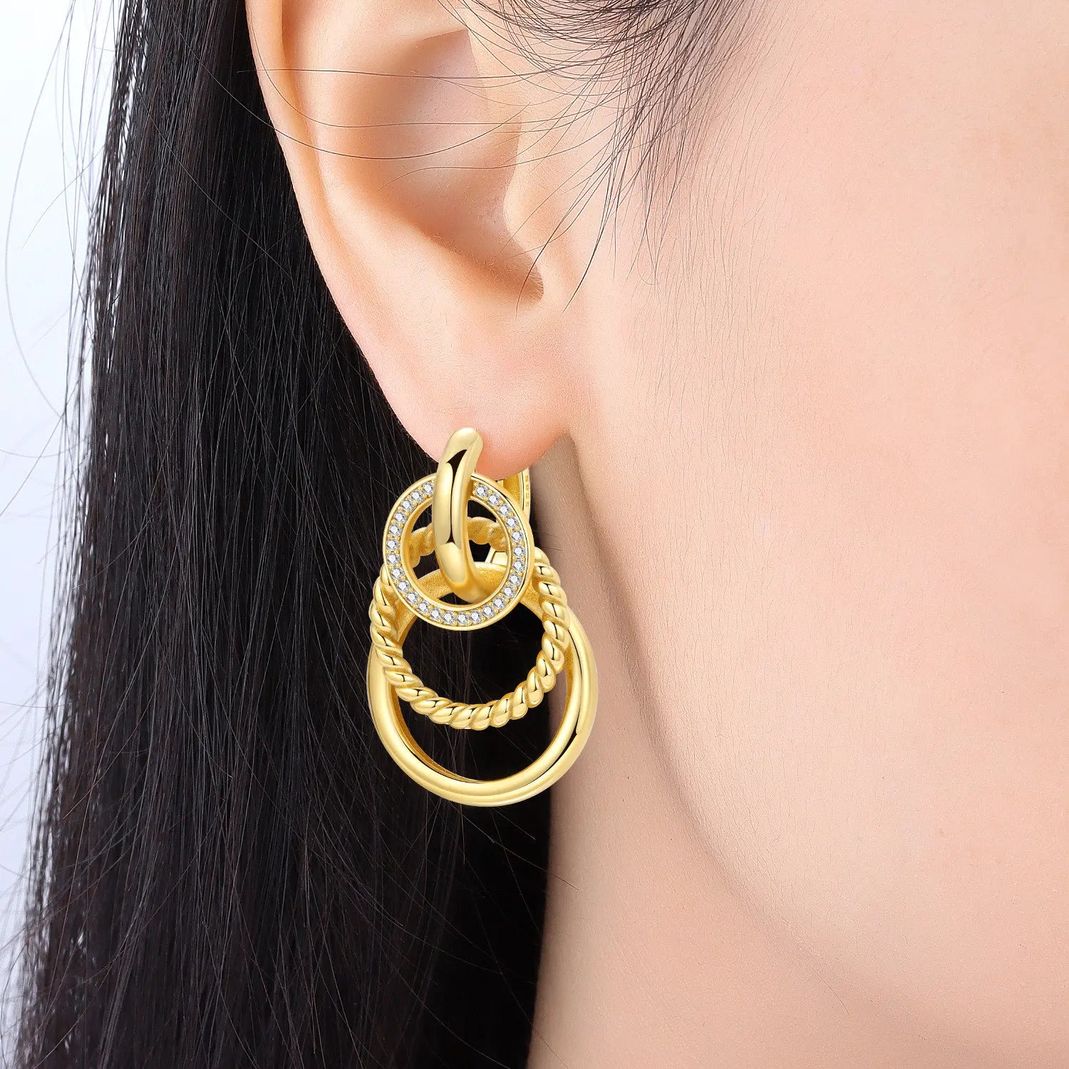 PANPOKI 925 Sterling Silver 18k Gold Elegant French 3-layer Drop Earrings Women Earrings Fashion Party Original Jewelry Gifts