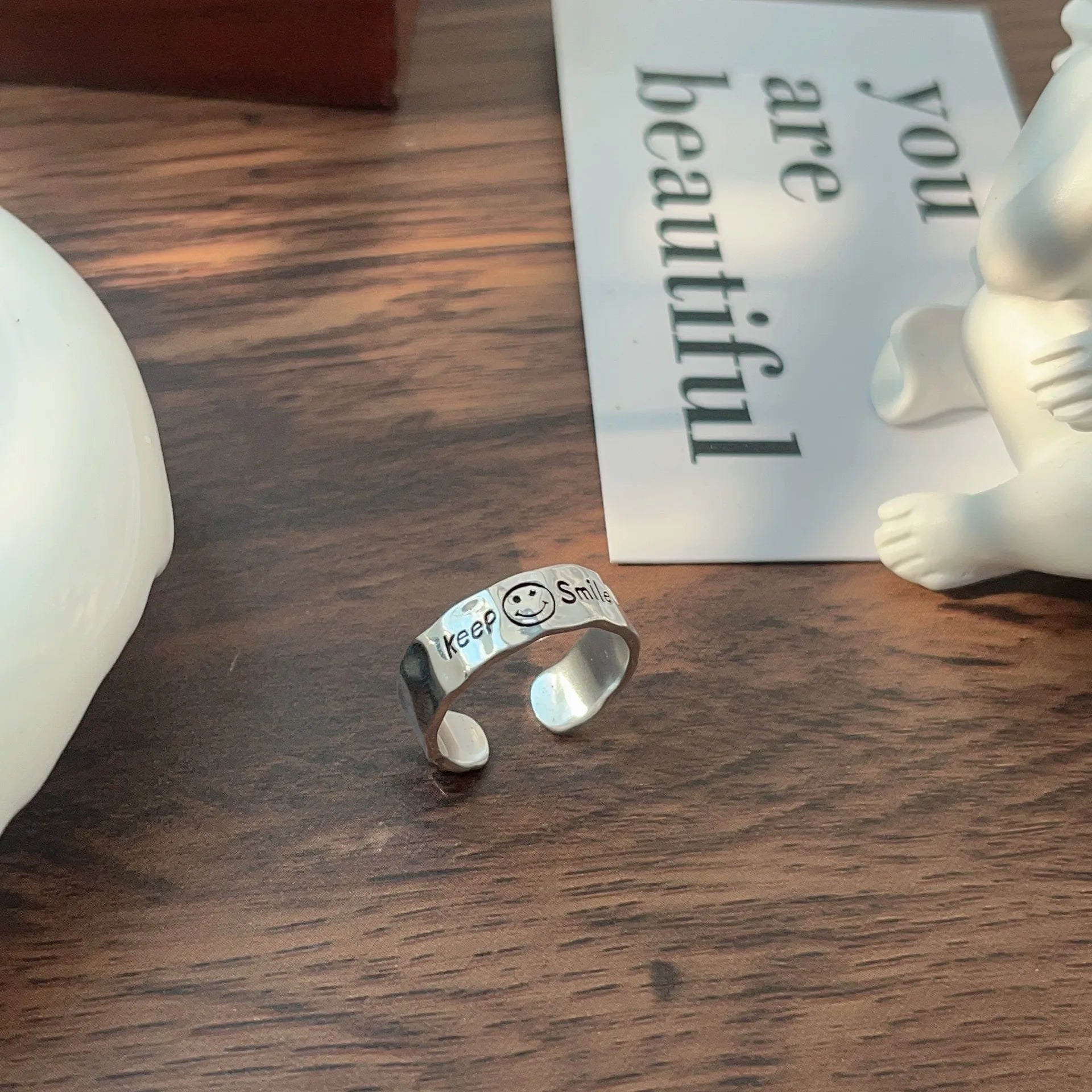 Retro Keep Smiling Irregular Ring For Women Punk Gothic Rock Hiphop Open Ring Handmade Designer Jewelry Unisex Accessories Gift