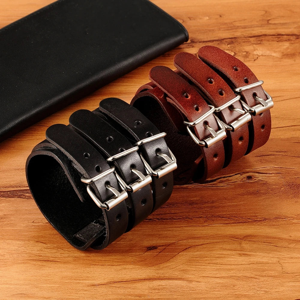 Bracelet homme vintage en cuir noir/marron, trois rangs, ajustable, style punk, idéal pour les fêtes et les anniversaires (vente en gros).