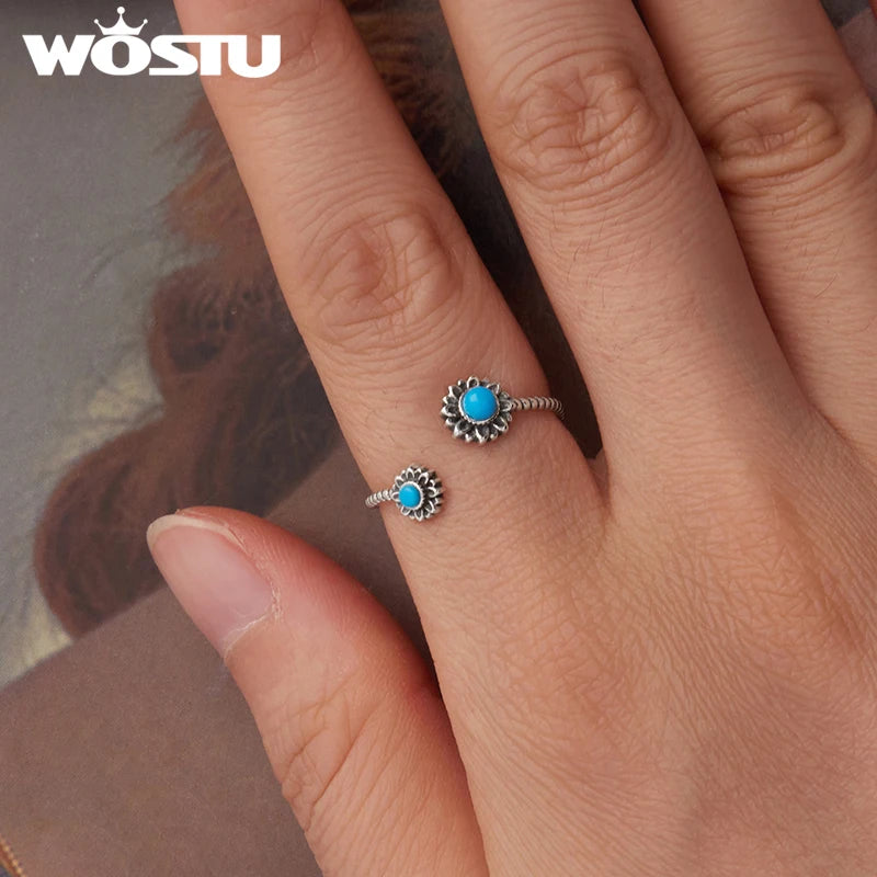 WOSTU 925 Sterling Silver Vintage Turquoise Sunflower Ring Stacking Simple Flower Opening Rings Jewelry Gift For mom Love Family