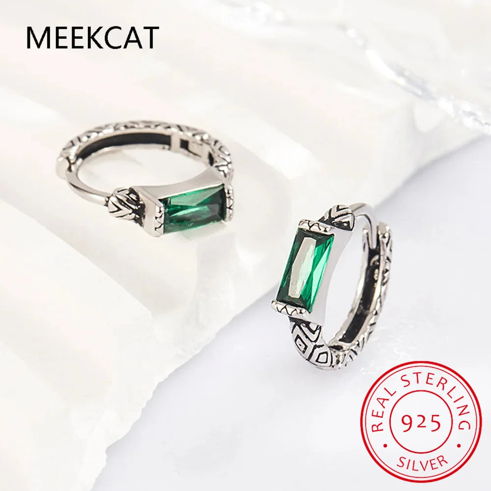 Green Simulated Nano Emerald 925 Sterling Silver Vintage Textured Hoop Earring for Women Wedding Party Jewelry Gift Pendientes