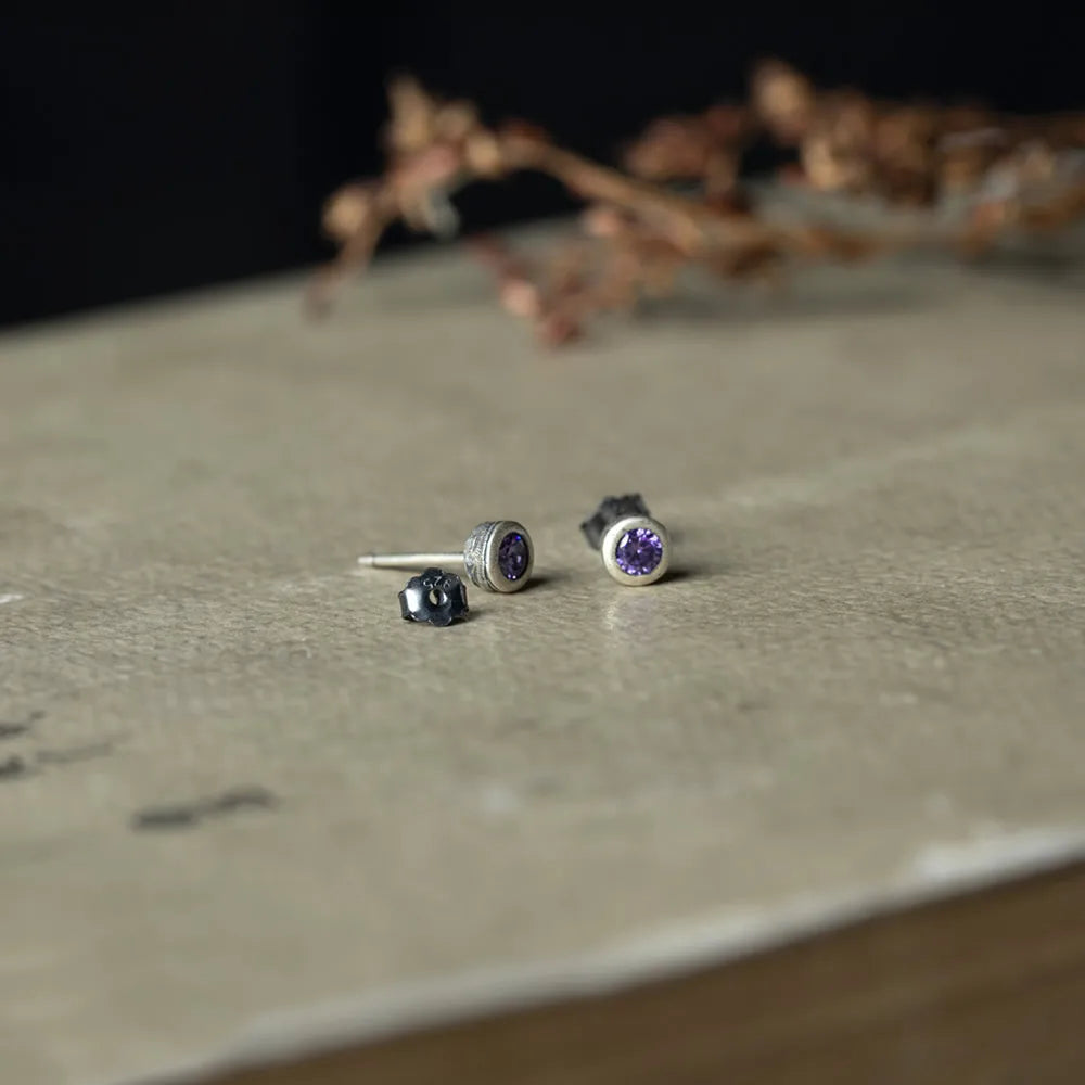 MKENDN 100% 925 Sterling Silver Creative Retro Round Purple Zircon Stud Earring Punk Gothic Style Ear Pin for Men Women Jewelry