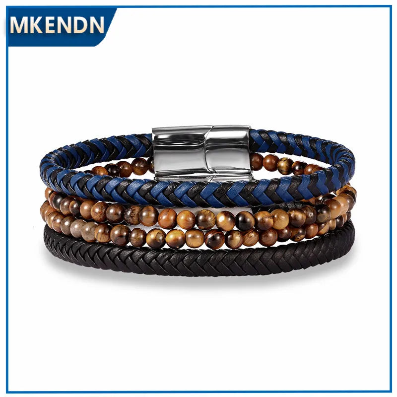MKENDN Multicolor Natural Stone Classic Stainless Steel Men's Leather Bracelet 19/21/23 cm Choose Handsome Men's Christmas Gift