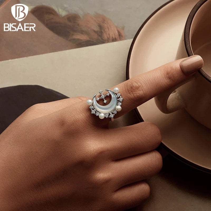 BISAER Bague ouverte en forme de croissant de lune et d'étoiles, taille réglable 5-9, pour mariage, fiançailles, bijoux tendance, cadeau pour femme, YIR243