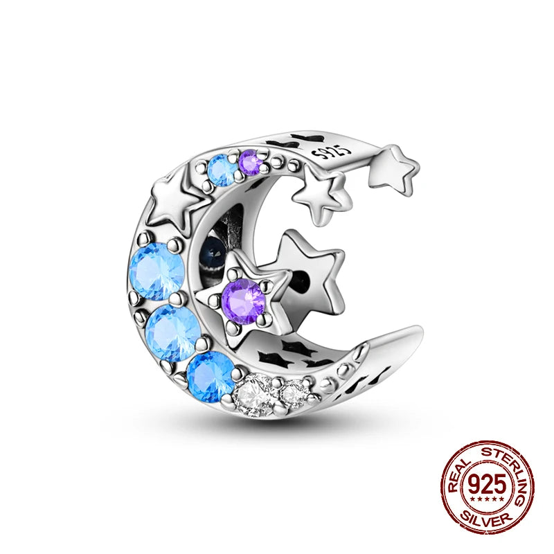 100% 925 Sterling Silver Sparkling Cat Moon Sun and Stars Charms Pendants Fit 3mm 925 Original Bracelets DIY Fine Jewelry