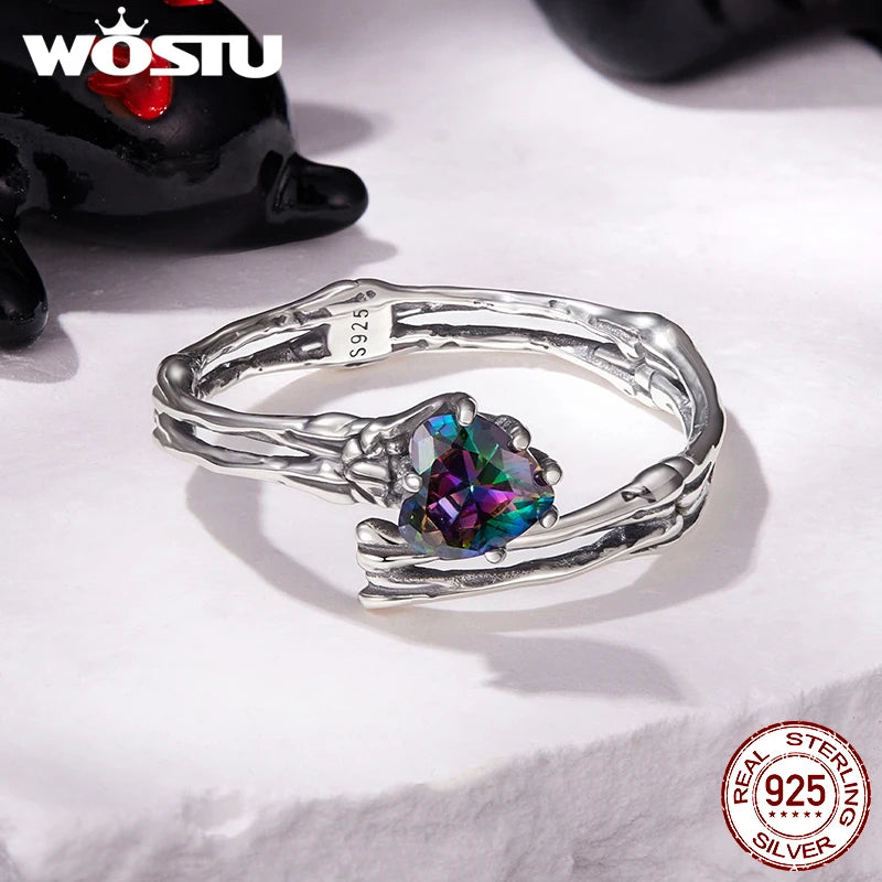 WOSTU 925 Sterling Silver Punk Skull Hand Open Ring With Rainbow Heart Crystal , Vinage Gothic Skeleton Rings Halloween Gift
