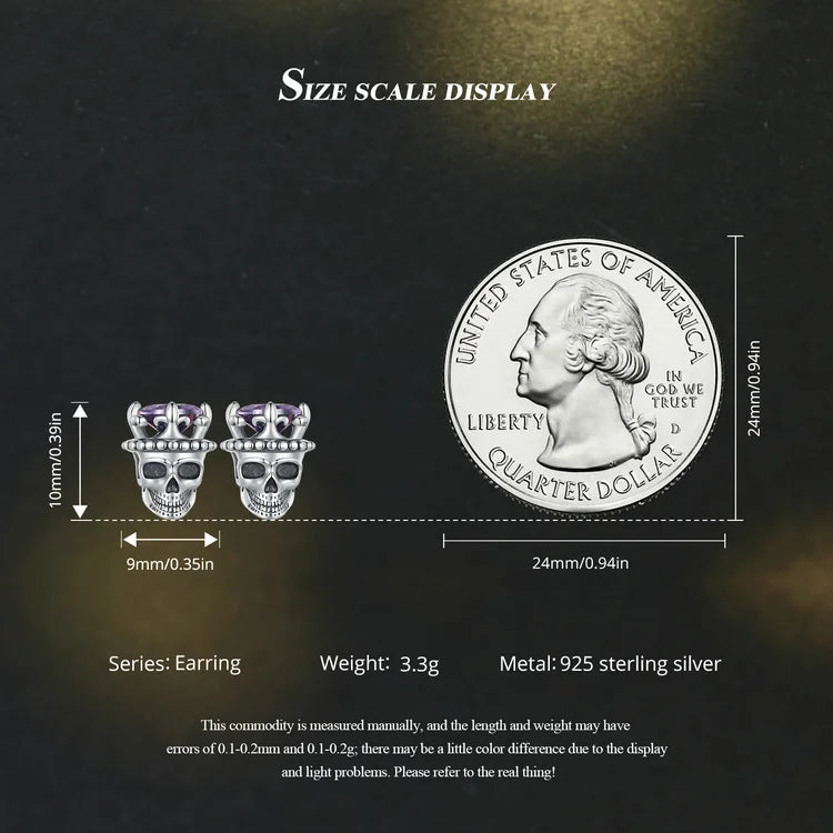 WOSTU 925 Sterling Vintage Silver Punk Jewelry Skull Crown Stud Earrings Women Carved Purple Zircon Personalized Hip Hop Gift