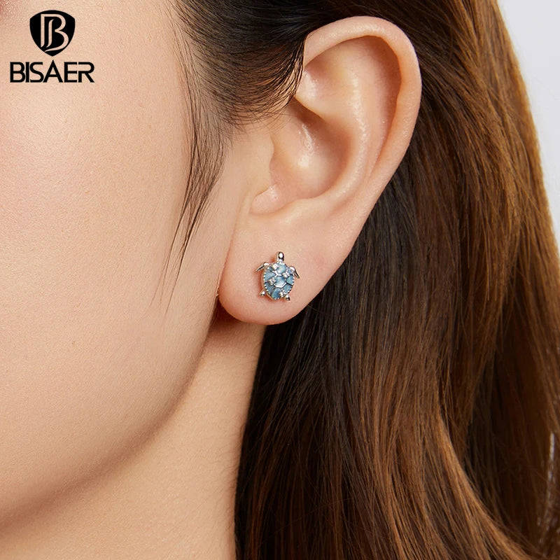 BISAER 925 Sterling Silver Turtle Stud Earrings Bule Enamel Stud Ear Plated White Gold for Women Party Fine Jewelry Holiday Gift
