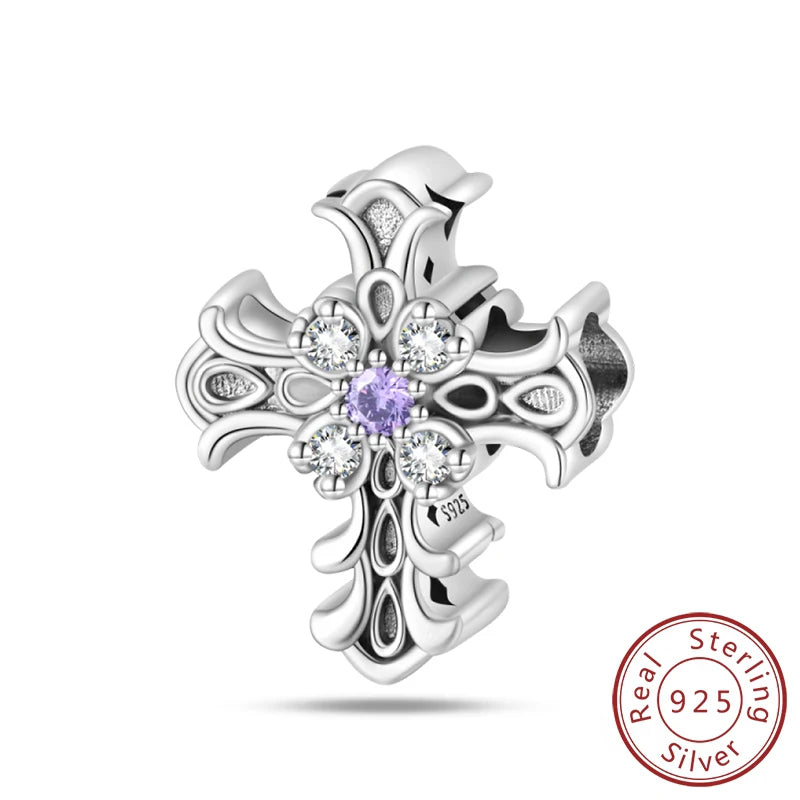 100% 925 Sterling Silver Charms Beads Bible Zircon Cross Jesus Both Hands Pray Fit 925 Original Bracelets Fine DIY Party Jewelry