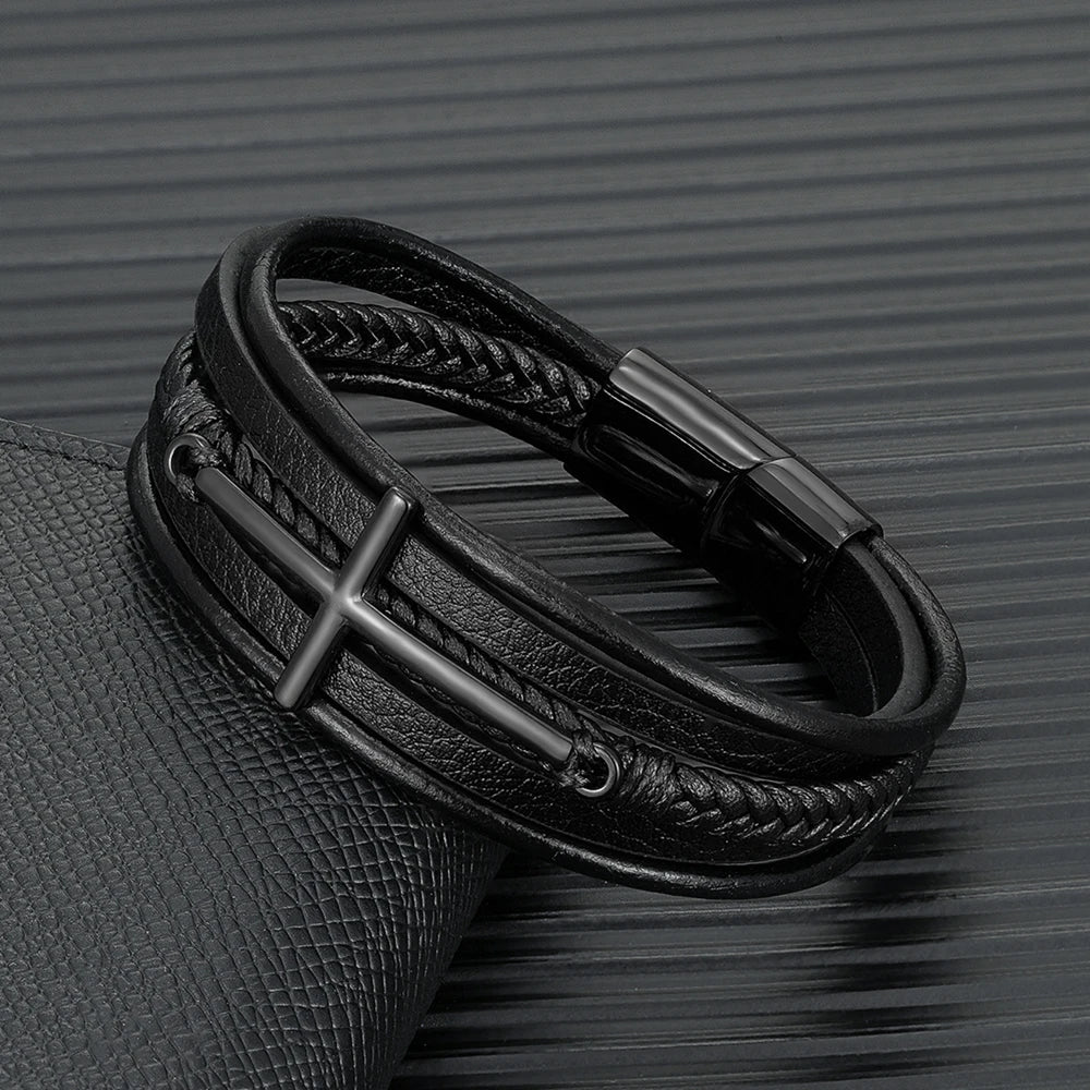 MKENDN Punk Style Multicolor Cross Bracelet Stainless Steel Men's Multilayer Leather Hand-woven Jewelry New Year Gifts