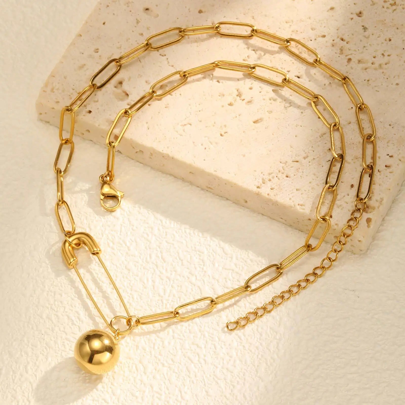 Vnox Gold Plated Round Ball Pendent Necklace For Women Fashion Jewelry Stainless Steel Paper Clip Chain Choker Gift To Girls