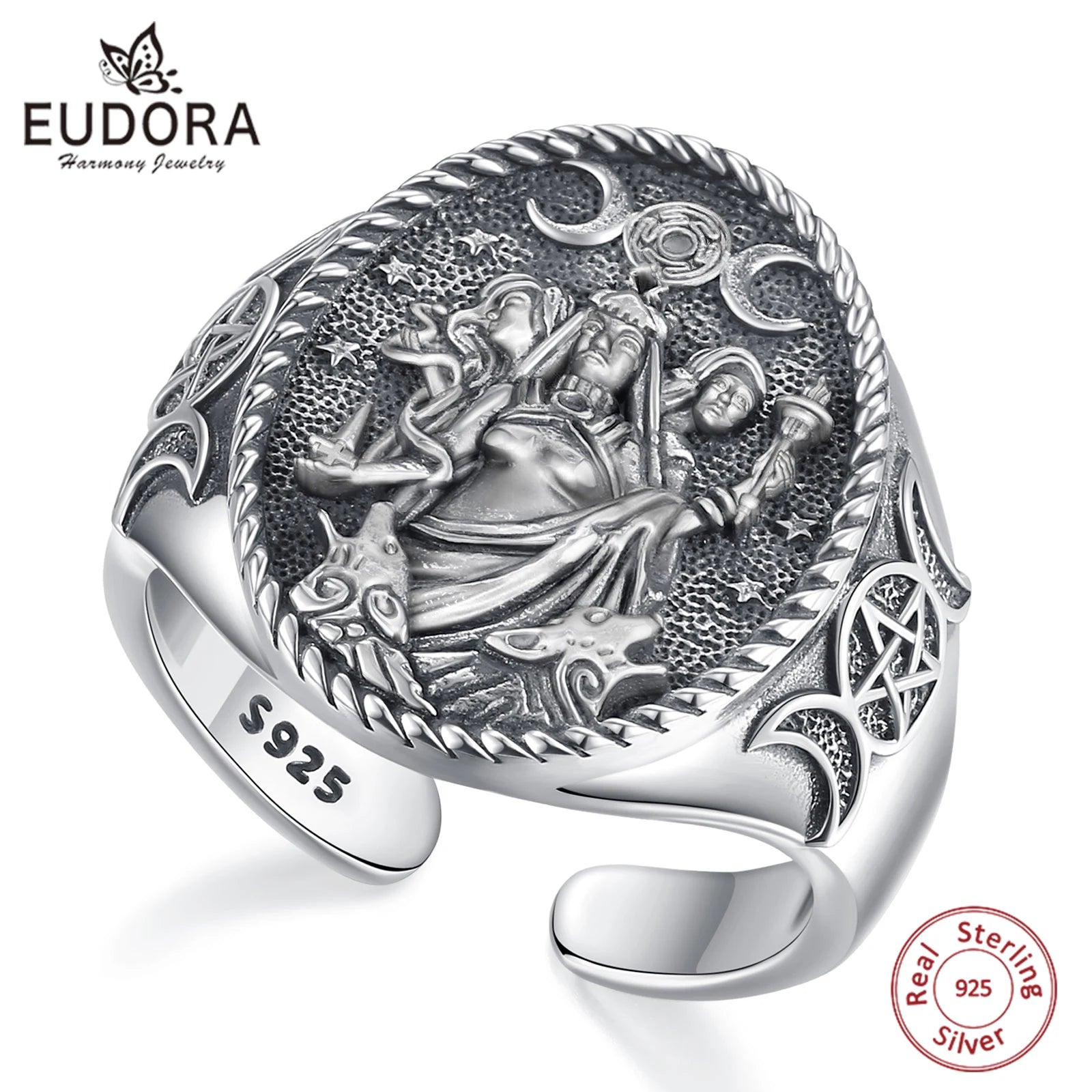 Eudora 925 Sterling Silver Triple Moon Goddess Adjustable Ring Dog Hecate Amulet Ring Triple Goddess Jewelry for Women Man Gift