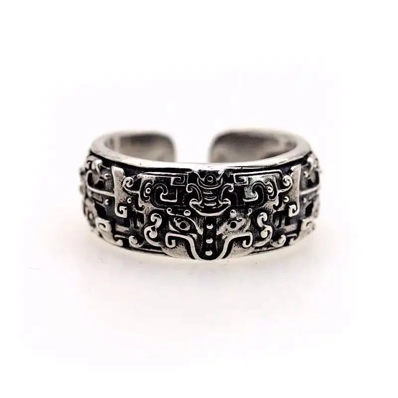 Retro Taotie Chinese Mythology Ring For Men Silver Color Punk Gothic Adjustable Ring Handmade Unisex Jewelry Accessories Gift