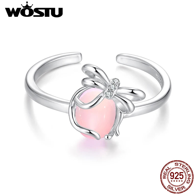 WOSTU 925 Sterling Silver Pink Crystal Bow Open Ring For Women Handme butterfly Adjustable ring Party Gift Girl Birthday Gift