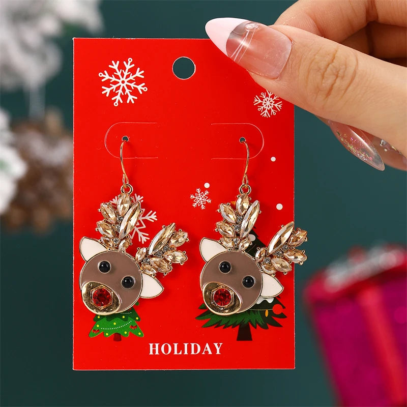 Christmas Drop Earrings For Women Shiny Rhinestone Santa Claus Xmas Tree Snowman Elk Snowflake Long Tassel Dangle Earring Gifts