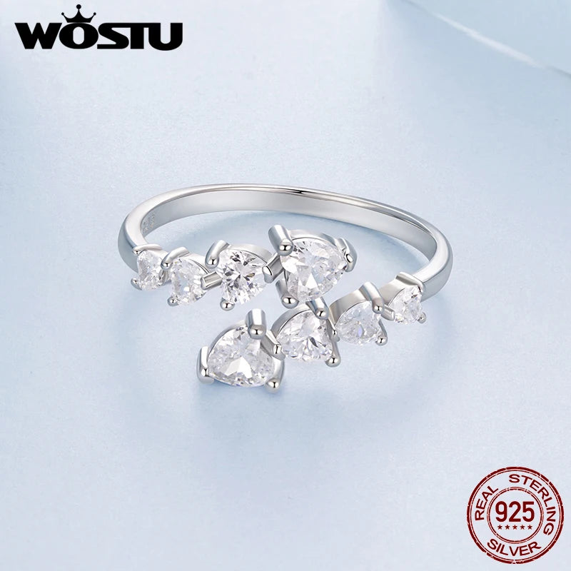 WOSTU 925 Silber Herz-Verlobungsring, funkelnder Zirkonia-Ring, offener stapelbarer Liebesring, minimalistisches Geschenk zum Valentinstag und Jahrestag für sie