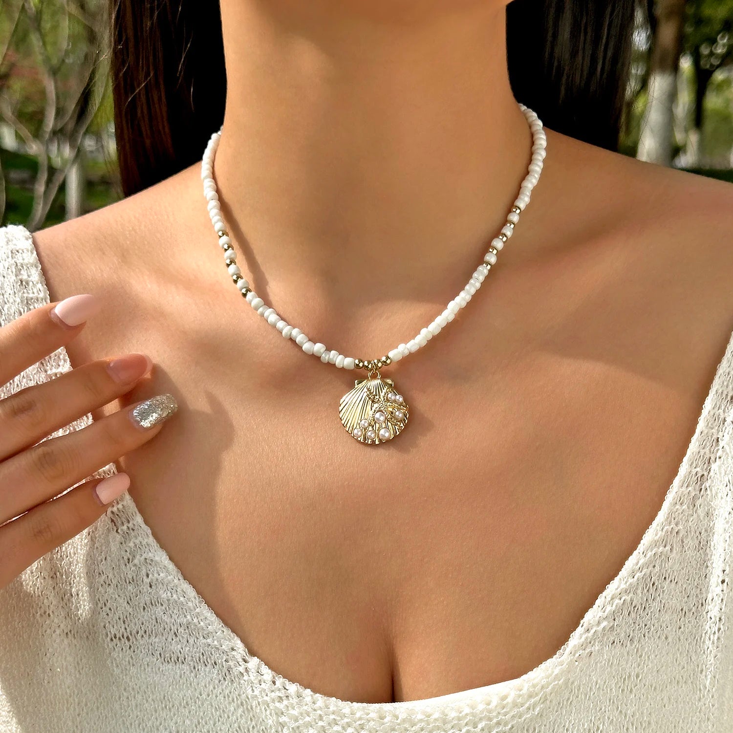 Simple Colorful Ceramic Fish Irregular Stone Beaded Necklace For Women Conch Starfish Shell Pendant Rice Beads Choker Jewelry