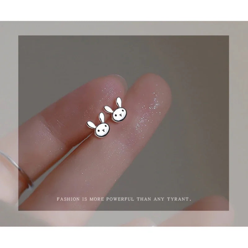VOQ Silver Color Cute Minimalism Mini Bunny Rabbit Stud Earrings for Women Girl Birthday Jewelry Gift Earring