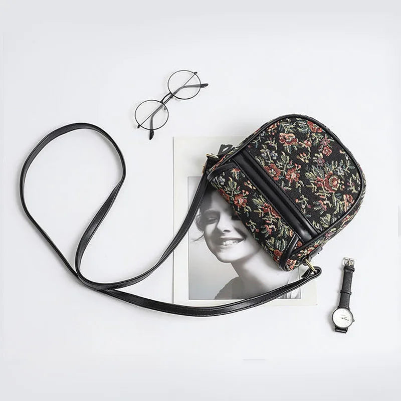 Hylhexyr Shoulder Handbag Literary Saddle Bag Retro Flower Cotton Linen Canvas Tote Female Small Crossbody Bags