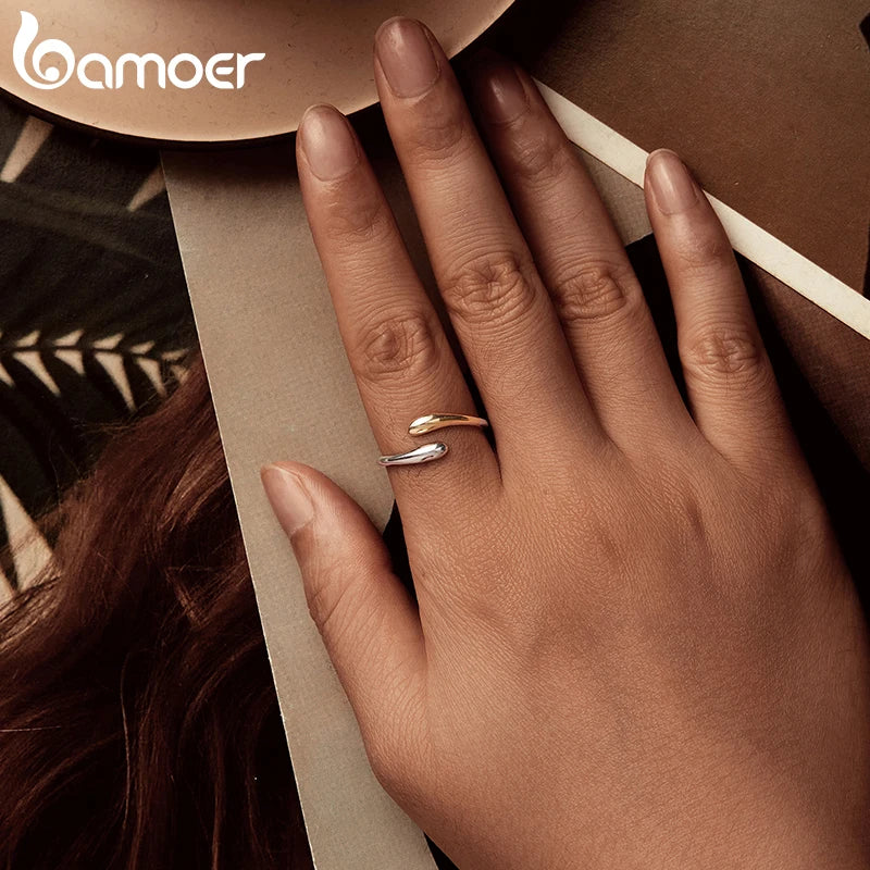 BAMOER 925 Sterling Silver Two-Tone Waterdrop Open Adjustable Ring, Waterdrop Rings Statement Rings Simple Stackable Band Rings