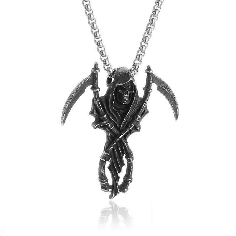 Gothic Vintage Reaper\\\\'s Scythe Necklace Life Ghost Devil Pendant Men\\\\'s Personality Halloween Trend Charm Jewelry Gift