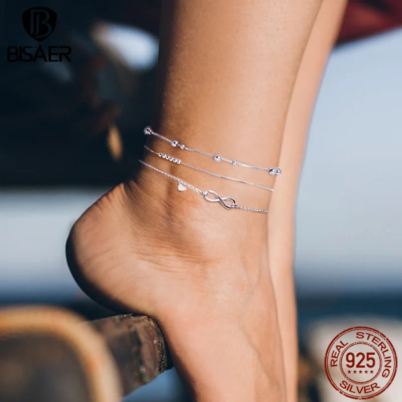 BISAER 925 Sterling Silver Infinity Love Anklet Chain Hypoallergenic Waterproof Anklets For Women Fine Jewelry Vacation Gifts