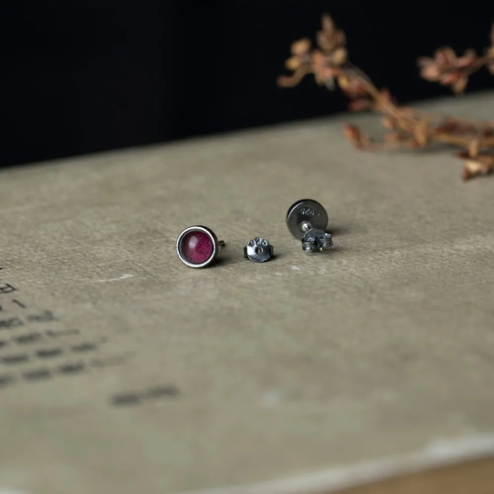 MKENDN New 100% 925 Sterling Silver Earrings Men Women Vintage Round Stud Earrings With Wine Stone Personality Jewelry