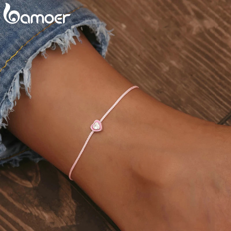 Bamoer Einfaches Design Herz Silber Fußkettchen für Frauen Sterling Silber 925 Armband für Knöchel und Bein Mode Fuß Schmuck SCT022