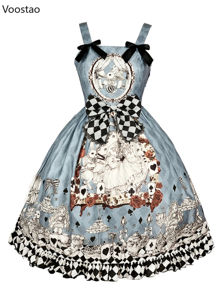 Vintage Gothic Lolita Style Slip Dress Women Harajuku Y2k Sleeveless Dark Bunny Print Party Dresses Girly Kawaii Bow Vestidos