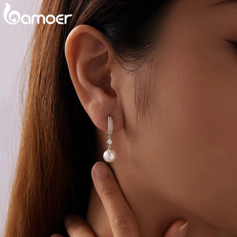 BAMOER Twisted Hook Pearls Moissanite Stud Earrings, Hypoallergenic Drop Earrings Round Cut Lab Diamond for Women Elegant Gift