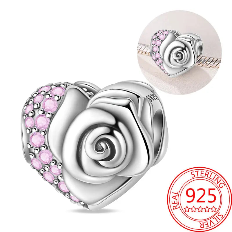 925 Sterling Silver Sparkling Pink Heart Charm Pendant Beads Fit Original Bracelet for Women Valentine Day Jewelry Gifts