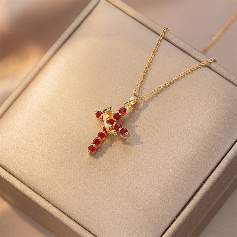 Stainless Steel Rotatable Crown Cross Pendant Necklace for Women Shiny Rhinestone Cross Metal Choker Christian Prayer Jewelry